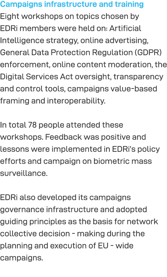 Campaigns infrastructure and training Eight workshops on topics chosen by EDRi members were held on: Artificial Intel   