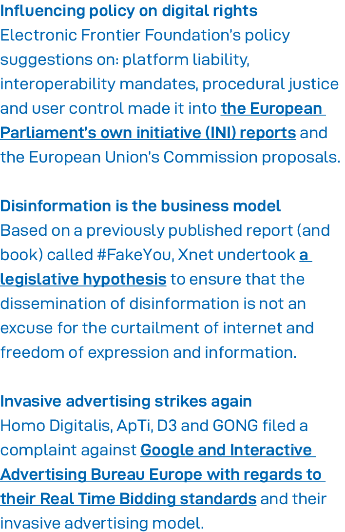 Influencing policy on digital rights Electronic Frontier Foundation s policy suggestions on: platform liability, inte   