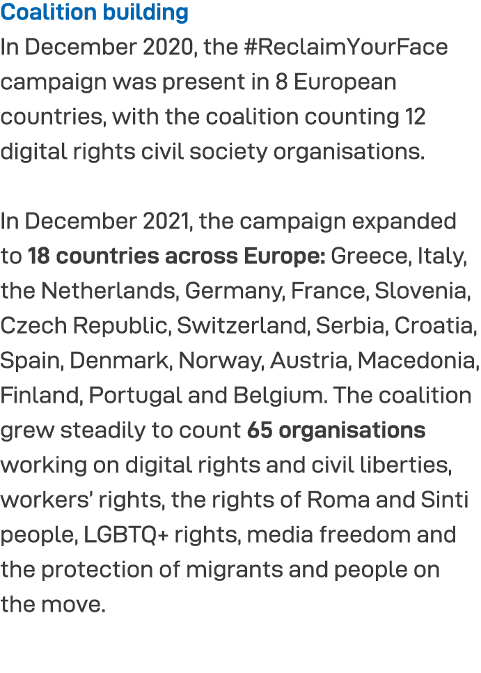 Coalition building In December 2020, the #ReclaimYourFace campaign was present in 8 European countries, with the coal...