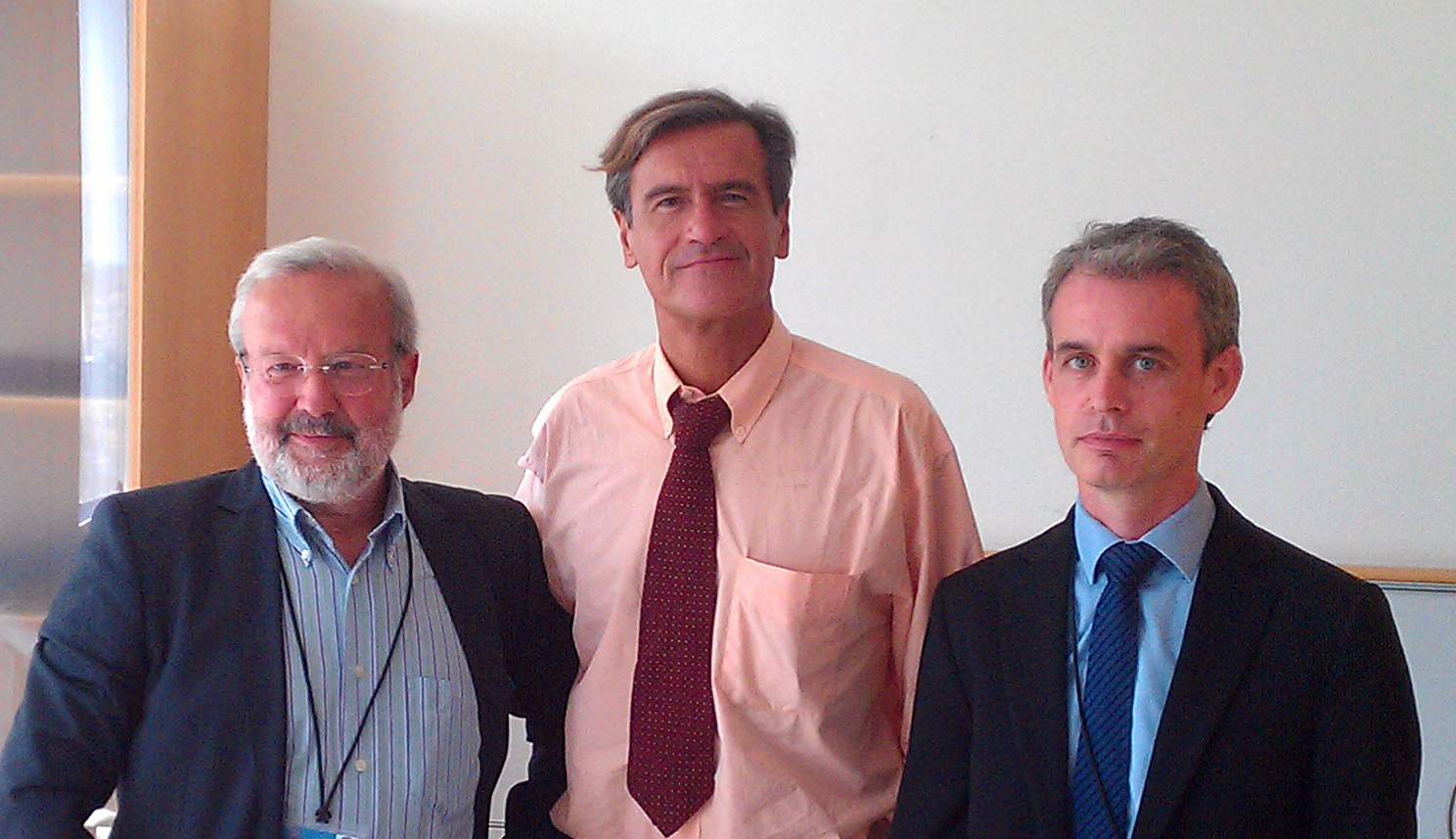 Emilio De Capitani (left) and Joe McNamee (right) with Civil Liberties Committee President Juan Fernando López Aguilar after their meeting on upcoming Parliament work on mass surveillance of EU citizens.