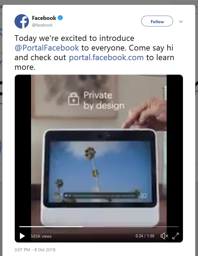 "Today we're excited to introduce @PortalFacebook to everyone. Come say hi and check out http://portal.facebook.com to learn more."
