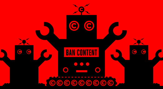 An image depicting 3 robots, and the one in the middle has "ban content" written across its body