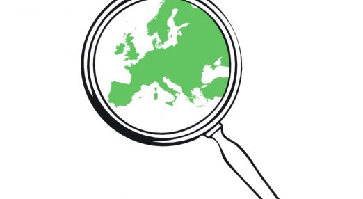 The image shows a magnifying glass over the outline of the European continent.