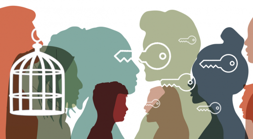 An illustration of silhouettes of people in the background and an icon of a cage on the left and floating keys on the right