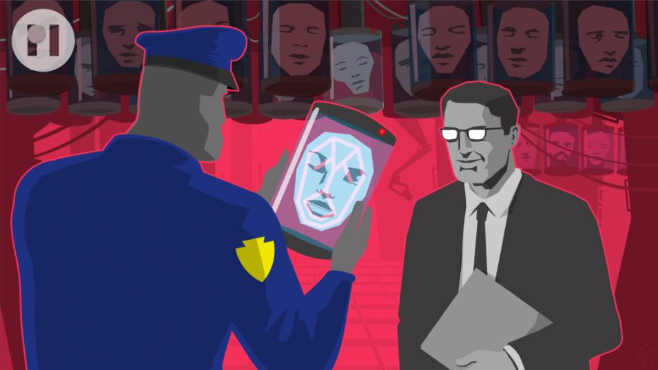 An illustration showing a police officer looking at a biometric model of someone's face, with a businessman watching him.