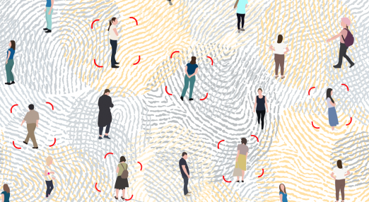 An image showing multiple grey and yellow fingerprints clashing in the background, while a group of diverse people seem to be walking over them while being targeted.