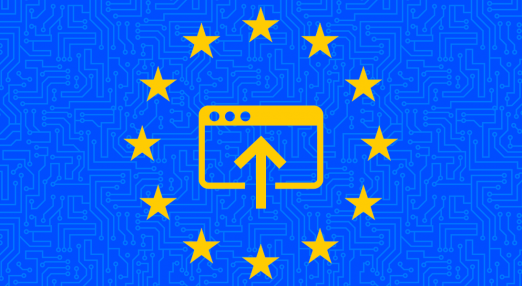 An image showing the european flag with an icon that symbolises uploading on the web in the center and a circuit pattern in the background