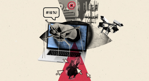 An image showing a laptop and a hand referencing online manipulation or fake news. Elements such a antenas, robots and surveillance cameras are also present.