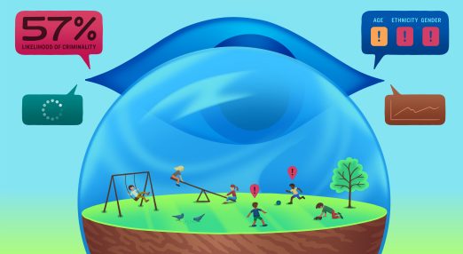 Children playing on the playground surrounded by a transparent bubble, surveilled by an all-seeing eye that calculates the level of criminality and potential risk.