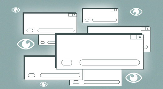 An image showing multiple pop-up cookie banners and eye icons depicting the invasive nature of AdTech.