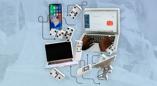 Laptops, a smartphone and an telecommunications antenna are interconnected by dotted lines, with domino pieces are scattered around them.