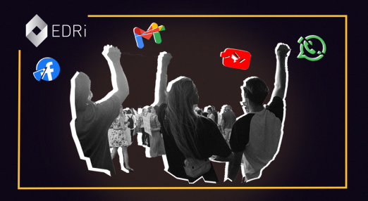 A group of people with their fists up, referencing victory, near the shattered logos of Facebook, Gmail, Youtube and Whatsapp.