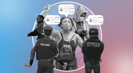 A woman on her phone, a woman protesting, and a man running are being observed by 2 police officers, while their behavioural profile is constructed based on biometric surveillance.