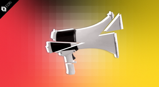 A megaphone split into pieces against a background in the colors of the Belgian flag, depiciting the weakness of freedom of expression.