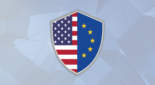A shield split in 2 halves, one showing the European flag and the other on the USA flag.