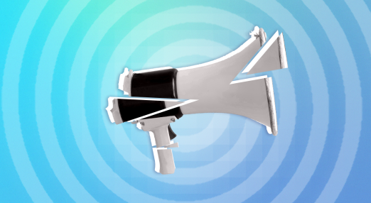 A megaphone is cut into pieces, with a spiralin the background, referencing the lack of freedom of speech.