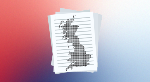 UK’s map is showing against a pile of documents. The background has the UK’s flag colors.