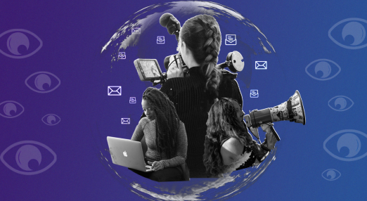 A camerawoman, a woman protesting and a woman using her laptop are inside a bubble, where message and e-mail icons can be seen. Outside the bubble multiple eyes are spying on the group.