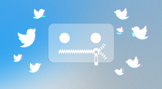 Multiple glitched Twitter logos can be seen around a figure that has a zipper for mouth, referencing the lack of freedom of speech.