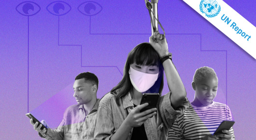 An illustration of a group of people using their phones which scan their faces, representing an intrusion into one's privacy. There is a ribbon on the top right corner, reading "UN report"