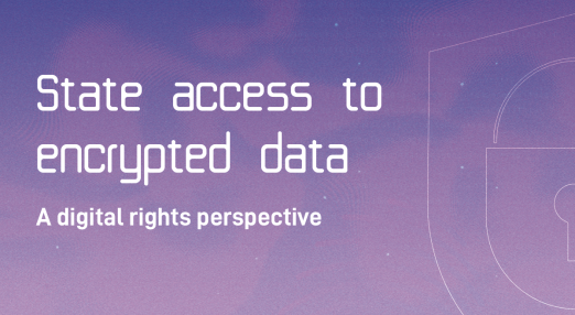 Purple background the linedrawn illustration of a lock. In the center of the image, the title of the paper "State access to encrypted data: A digital rights perspective"