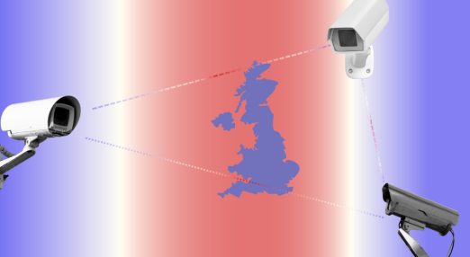 UK Safety bill, triple surveillance: three surveillance cameras pointing from different directions at the UK.