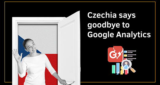A woman opening a door waving goodbye. In the back, a czech republic flag. "Czechia says goodbye to Google Analytics"