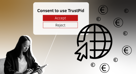 Girl looks at an Ipad. On the back is a 'Consent to use TrustPid' pop-up.