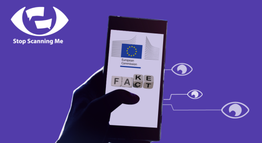 A smartphone with the logo of the European Commission, the logo of the 'stop scanning me' campaign on the top left, a purple background