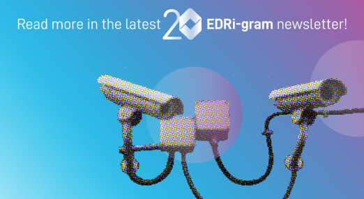 Illustration with with colours from blue to pink, at the center two cameras, the text "Read more in the latest EDRigram newsletter"