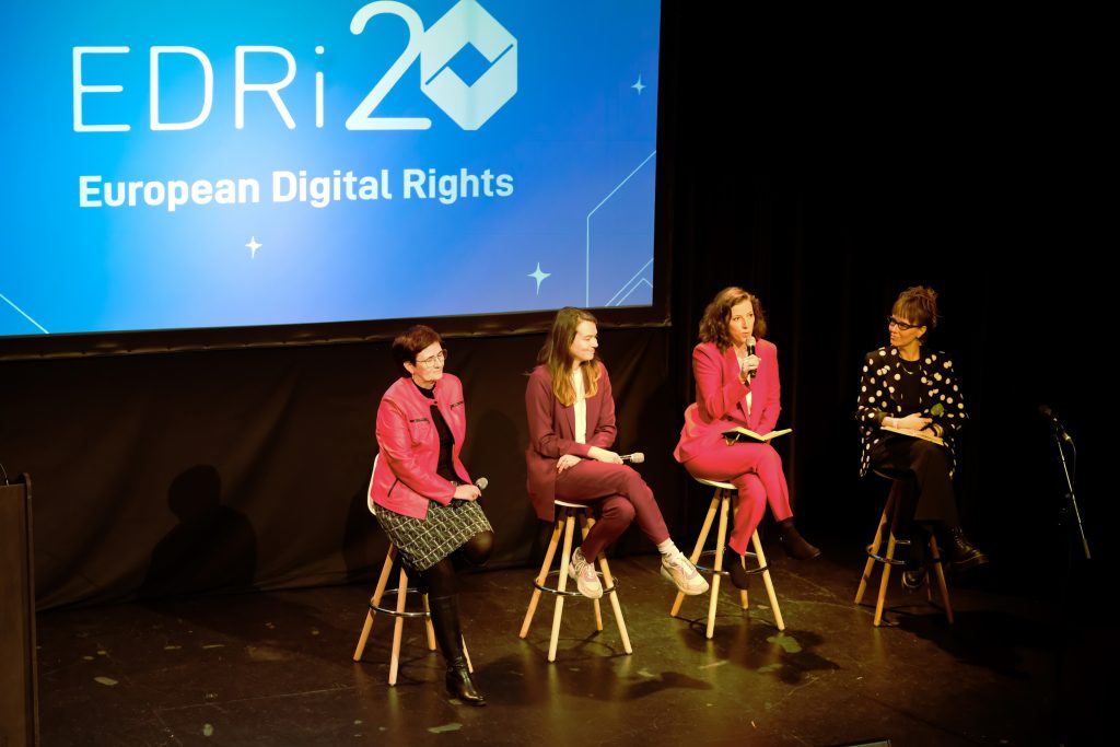 Raegan MacDonald, Kim van Sparrentak, Birgit Sippel and Fanny Hidvégi during their speech at EDRi's 20th anniversary.