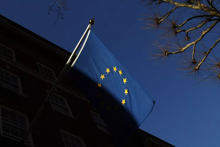 The European flag flies outside Europe House in London, January 2021