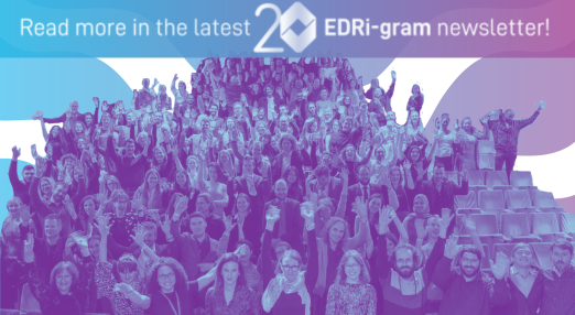 Group photo of the 20th anniversary event. Read more in the latest EDRi-gram newsletter!