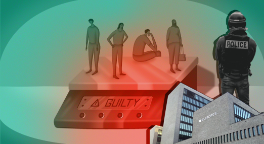 Illustration with a group of people on a scale labeled as "guilty", left a policeman and the office of the eruopol