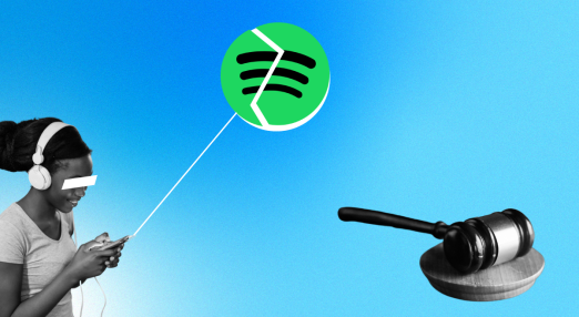 Blue background. In the center the broken Spotify logo. On the right a girl listens to music, on the left a judge’s hammer.