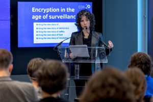 BRUSSELS, BELGIUM - SEPTEMBER 26: Meredith Whittaker, President of the Signal Foundation, gives a speech during the EDRI (European Digital Rights) event, Ecryption in the age of surveillance on 26 September 2023 in Brussels, Belgium. Photo by Omar Havana for EDRI