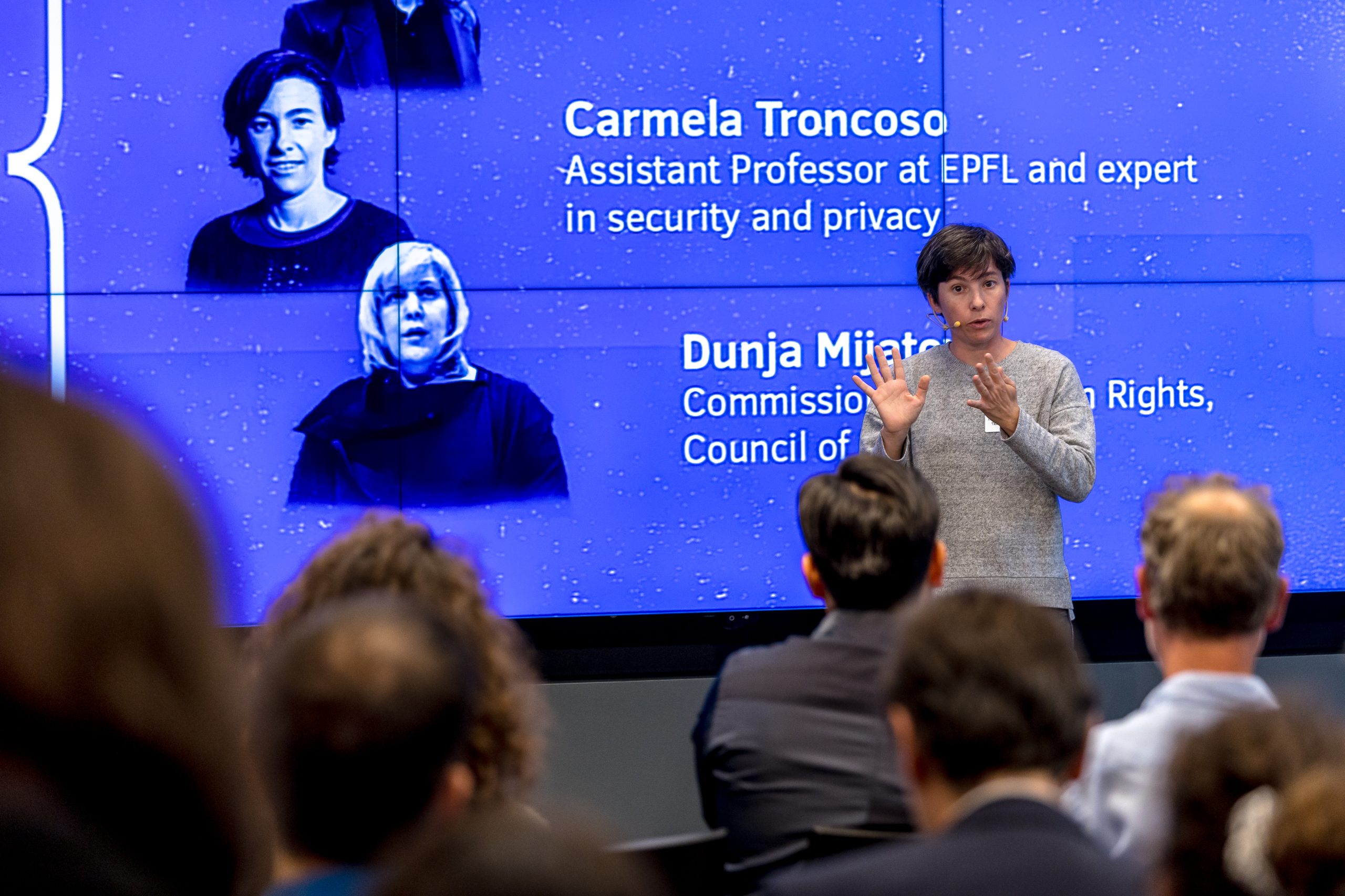 Carmela Troncoso, assistant professor at EPFL, gives a speech during the event organised by EDRI (European Digital Rights), Ecryption in the age of surveillance on 26 September 2023 in Brussels, Belgium. 