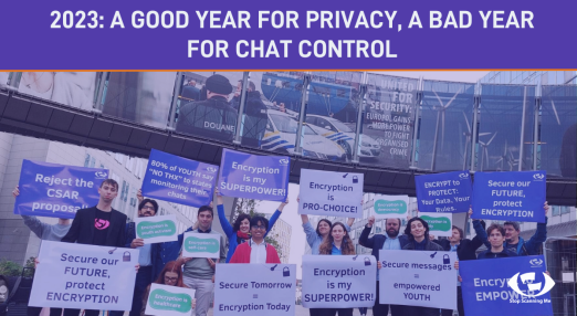 A photo of activists in Brussels calling for protecting encryption in chat control law