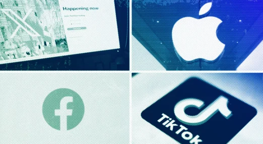 Logos of X, formerly known as Twitter, top left; Apple, top right; Facebook, bottom left; and TikTok, bottom right