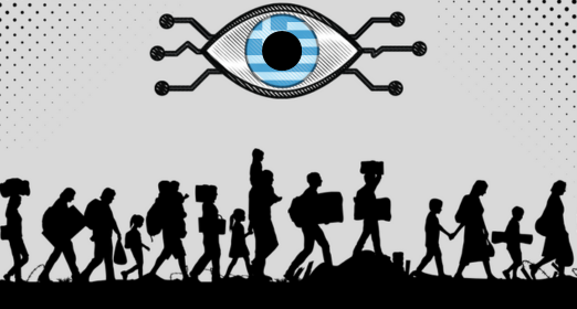 The image depicts a number of people on the move, trying to escape conflict. A large surveillance eye is above them, resembling the surveillance technologies incorporated in a border management context.