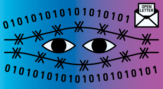 Pictographic-style visual. Eyes looking through barbed-wire, framed by binary digits. There is an "open letter" in the corner.