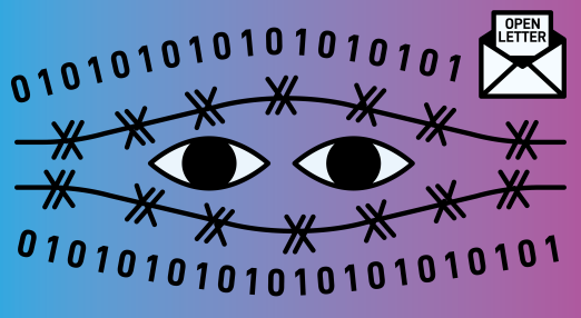 Pictographic-style visual. Eyes looking through barbed-wire, framed by binary digits. There is an "open letter" in the corner.