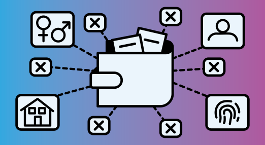 A stylized wallet is shown in the center of the image, surrounded by various icons linked by dashed lines. The icons include a male and female symbol, a person silhouette, a house, and a fingerprint, all marked with a crossed-out symbol, indicating privacy concerns related to gender, identity, location, and biometric data.