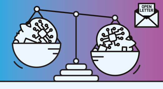 A balancing scale with two human heads in each. An envelope on the top-right corner saying 'open letter'.