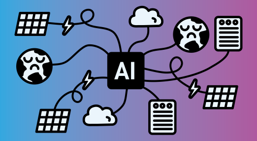 An infographic depicting AI at the center, surrounded by visual elements such as a sad Earth, clouds, solar panels, and a database. The connections between these elements suggest interactions related to environmental concerns and technological impacts.