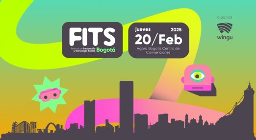 This promotional graphic advertises the FITS Bogotá event scheduled for February 20, 2025. It includes the event title "FITS" prominently displayed, along with the date, "jueves 20/Feb", and the venue, "Ágora Bogotá Centro de Convenciones." The design features vibrant colors and playful graphics, such as a pink pair of 3D glasses and an eye graphic, suggesting themes of innovation and technology. The logo of the organizing entity, "wingu," is also present.