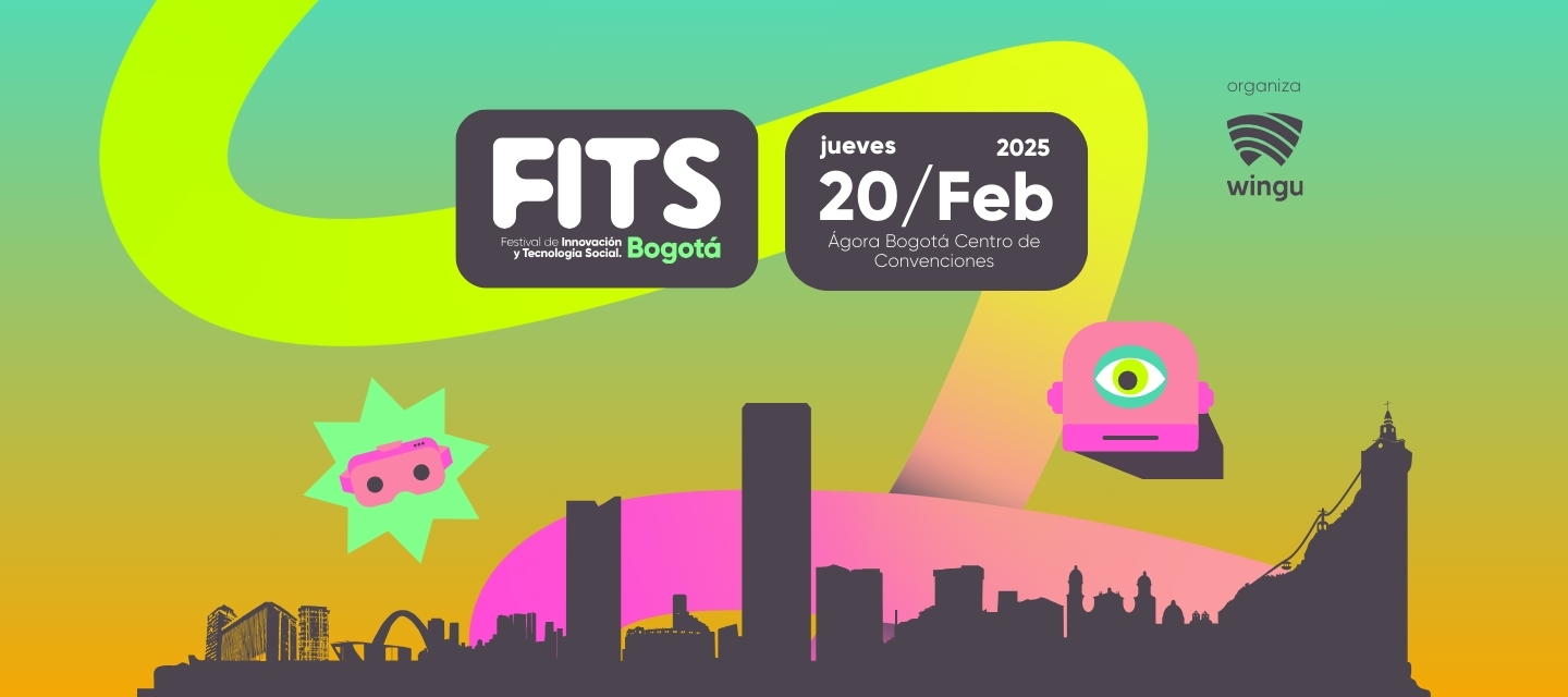 This promotional graphic advertises the FITS Bogotá event scheduled for February 20, 2025. It includes the event title "FITS" prominently displayed, along with the date, "jueves 20/Feb", and the venue, "Ágora Bogotá Centro de Convenciones." The design features vibrant colors and playful graphics, such as a pink pair of 3D glasses and an eye graphic, suggesting themes of innovation and technology. The logo of the organizing entity, "wingu," is also present.