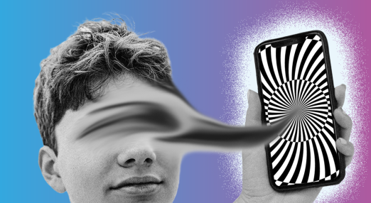 A surreal digital collage featuring a young person’s face in black and white, with their eyes blurred and stretched into a fluid-like motion toward a smartphone. The phone, held in a hand, displays a hypnotic black-and-white spiral pattern, seemingly pulling the subject’s vision or consciousness into it