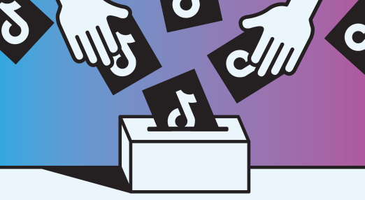 Two hands are dropping black cards with the TikTok logo into a white ballot box. The background features a smooth gradient of blue and purple, creating a dynamic atmosphere related to voting or participation.