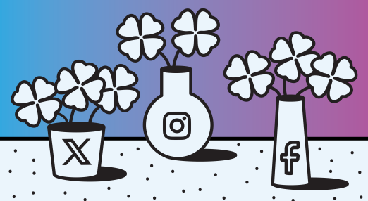 The image features three stylized vases containing clover plants: a round vase labeled "Instagram," a tall vase with "Facebook," and a pot marked "X." The background transitions from blue to purple, and the ground is dotted with small black spots